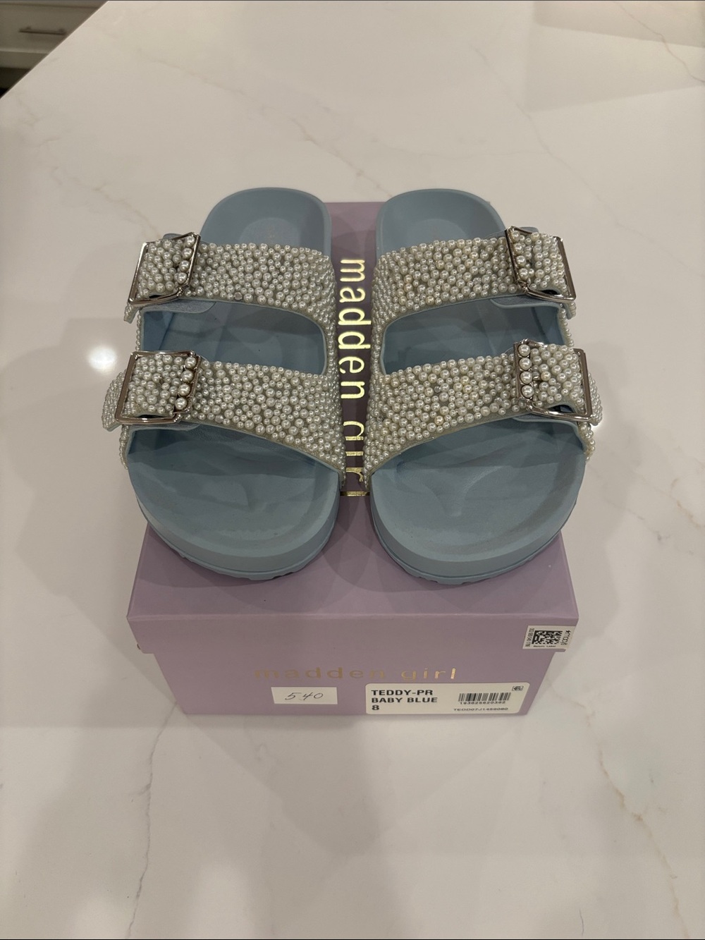 Madden Girl Baby Blue Pearl Buckle Slide Sandals